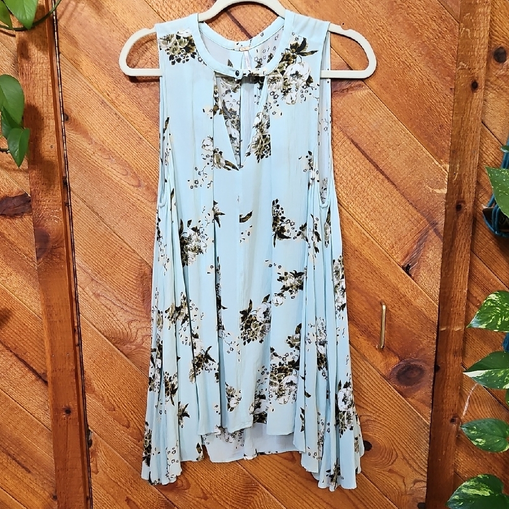 Free People Floral Sleeveless Tunic Dress - Light Blue and Black XS